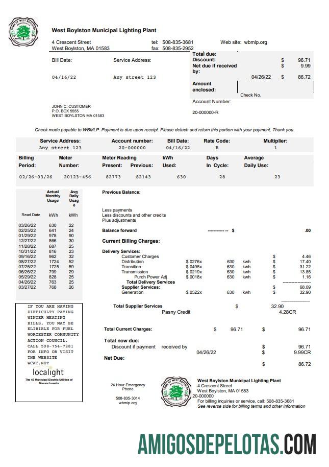imprimível Modelo de conta de serviços públicos West Boylston dos EUA em formato Word e PDF